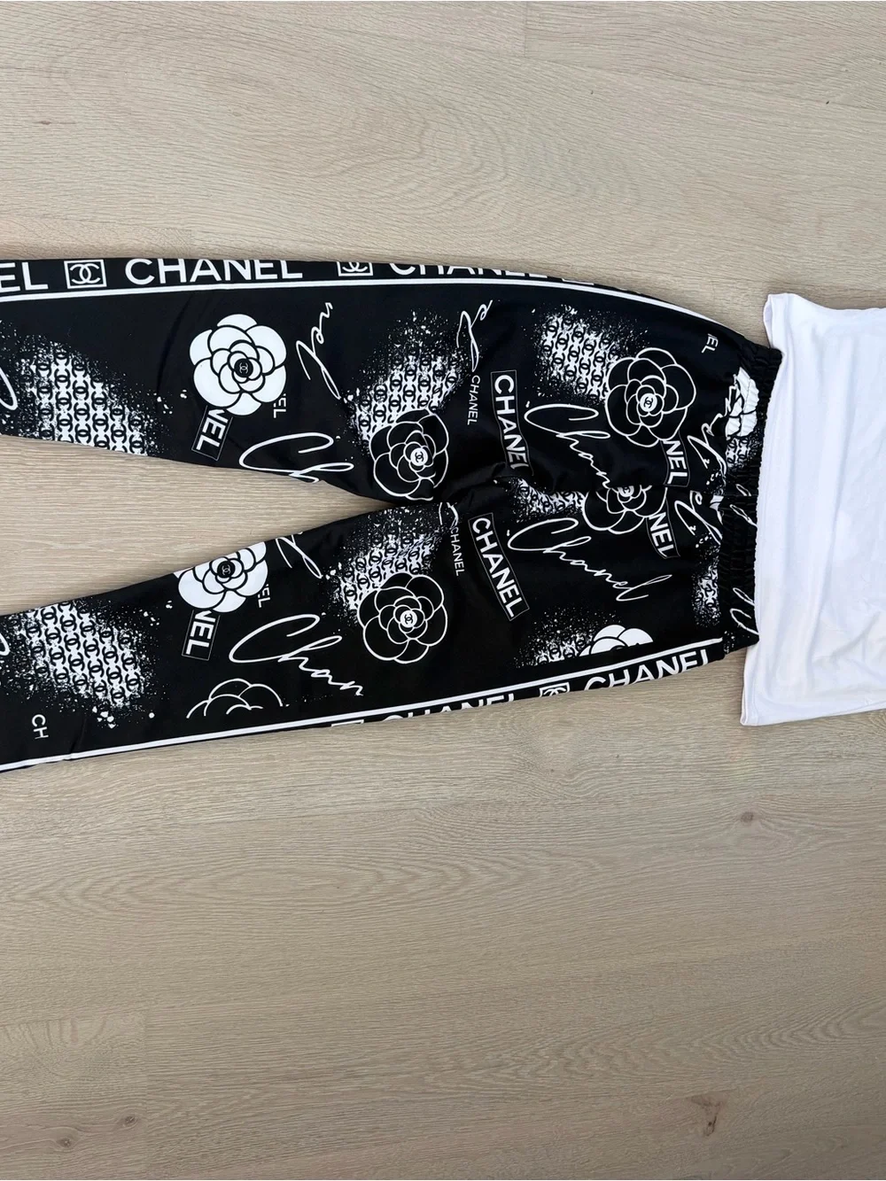 CHANEL White Tee with Black Logo & Black Printed Track Pants size S/M
